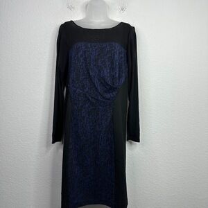 Kay Unger Dress Women Size 16 Blue Black Colorblock Artsy Draped Business Career